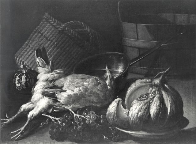 Anonimo — Autore non indicato - sec. XVII/ XVIII - Natura morta con pollame, frutta, tinozza e sporta — insieme